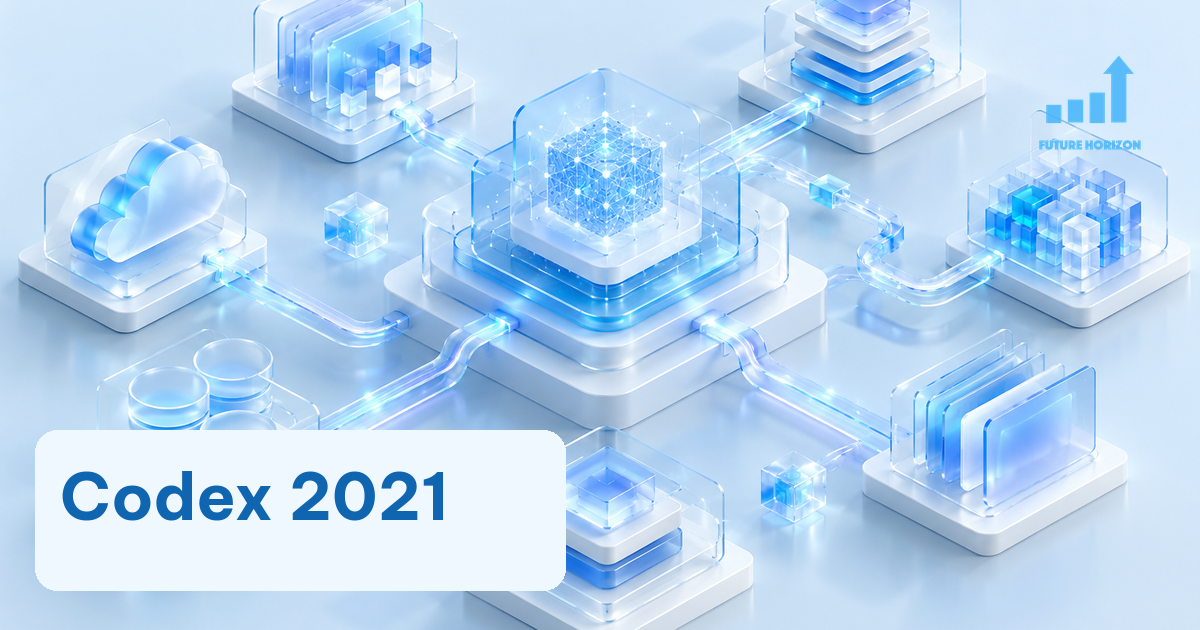 Khối xử lý dữ liệu xanh với nhãn Codex 2021 và logo Future Horizon