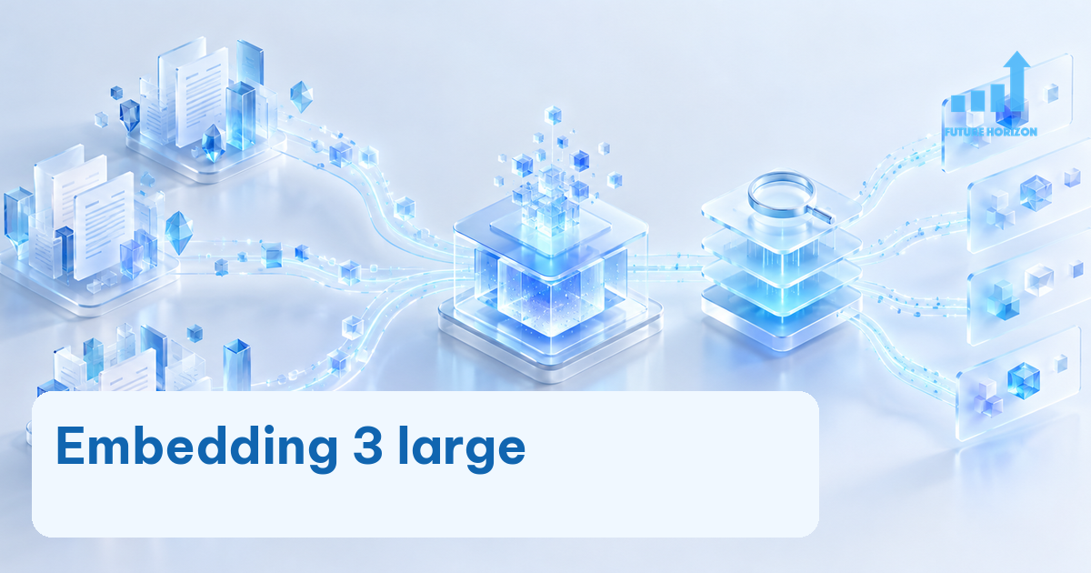embedding 3 large fhc - text-embedding-3-large: năng lực, chi phí và giới hạn qua nguồn chính thức 1 Các cụm tài liệu và vector xanh với nhãn Embedding 3 large, logo Future Horizon