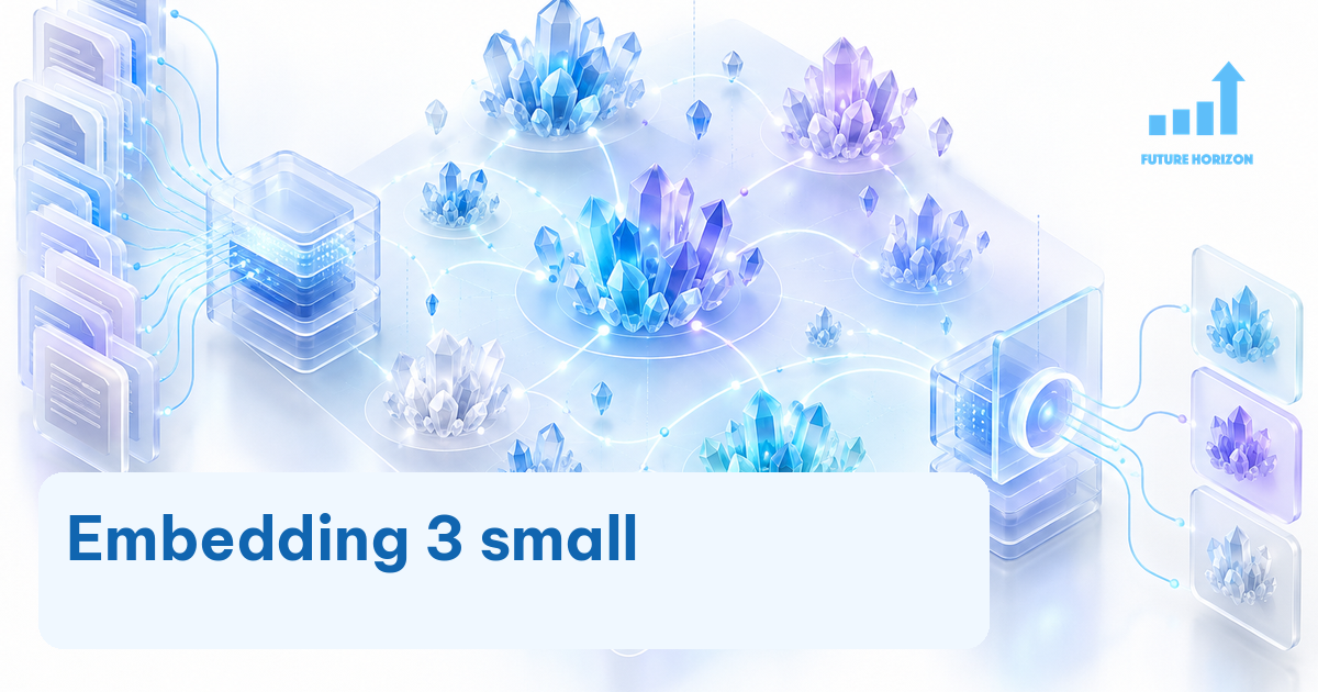 Tài liệu và các cụm vector xanh với nhãn Embedding 3 small, logo Future Horizon