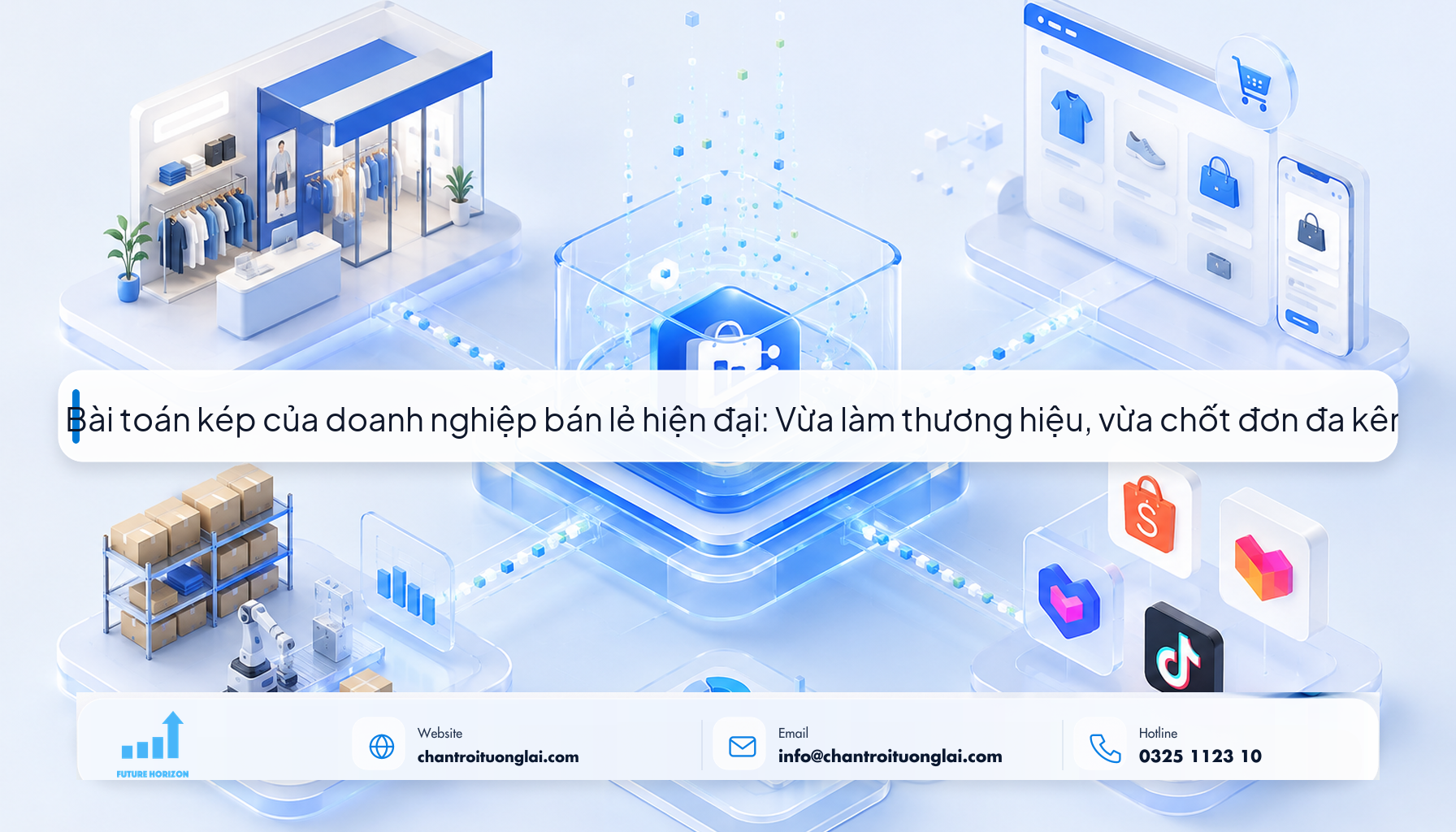 1. Bài toán kép của doanh nghiệp bán lẻ hiện đại: Vừa làm thương hiệu, vừa chốt đơn đa kênh Minh họa bài toán kép vừa làm thương hiệu vừa chốt đơn đa kênh theo phong cách Fluent 2.5D