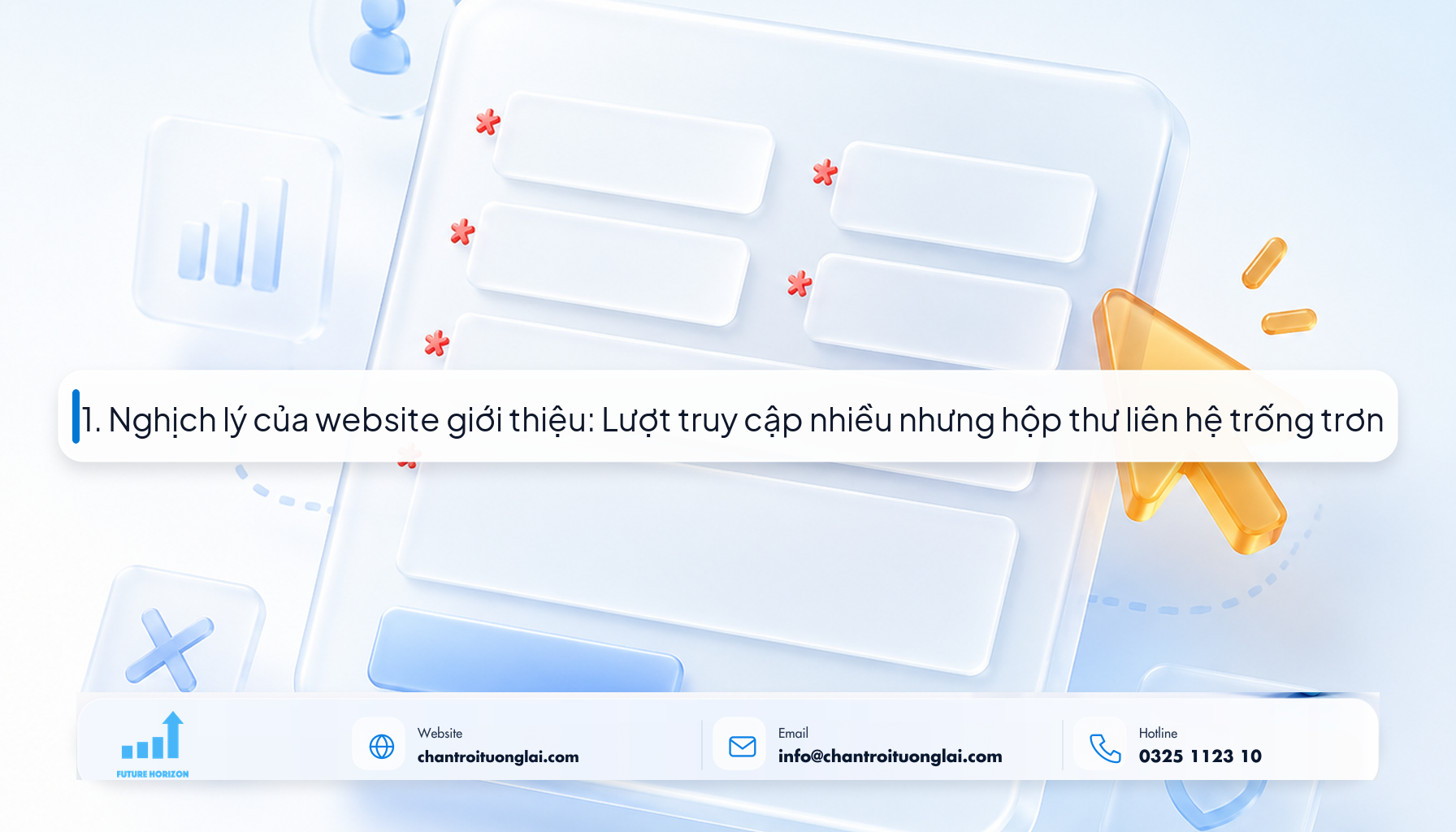 1. Nghịch lý của website giới thiệu: Lượt truy cập nhiều nhưng hộp thư liên hệ trống trơn Minh họa nghịch lý website giới thiệu lượt truy cập nhiều nhưng không có lead theo phong cách Fluent 2.5D