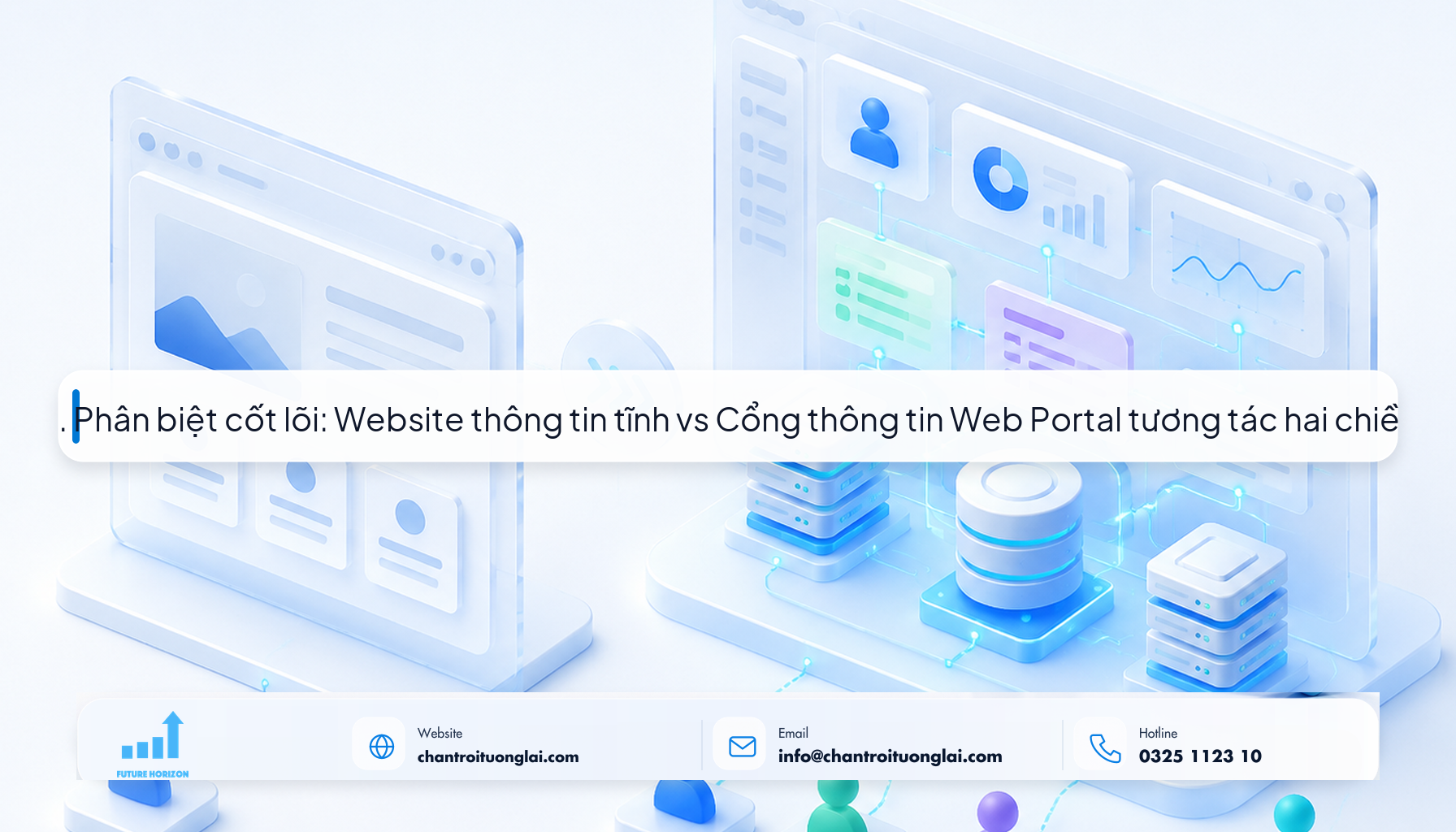 1. Phân biệt cốt lõi: Website thông tin tĩnh vs Cổng thông tin Web Portal tương tác hai chiều Minh họa so sánh website thông tin tĩnh và cổng thông tin Web Portal theo phong cách Fluent 2.5D