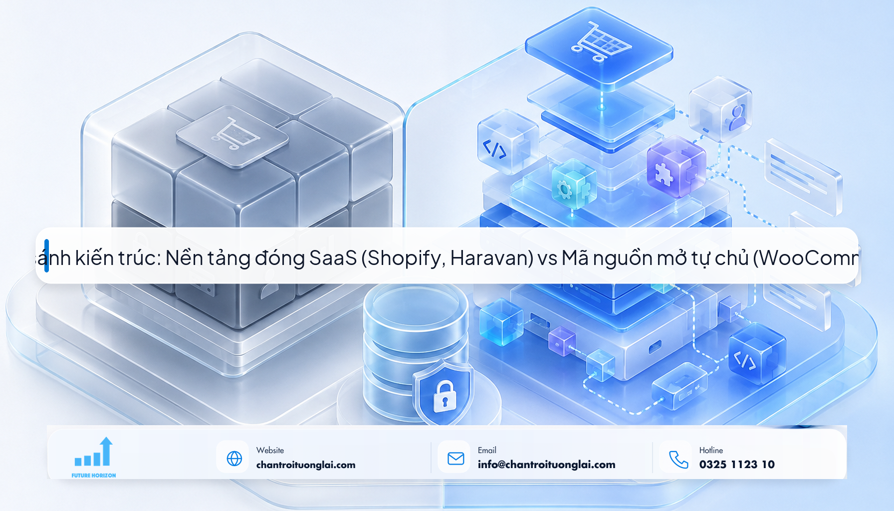 1. So sánh kiến trúc: Nền tảng đóng SaaS (Shopify, Haravan) vs Mã nguồn mở tự chủ (WooCommerce) Minh họa so sánh kiến trúc SaaS và mã nguồn mở WooCommerce theo phong cách Fluent 2.5D