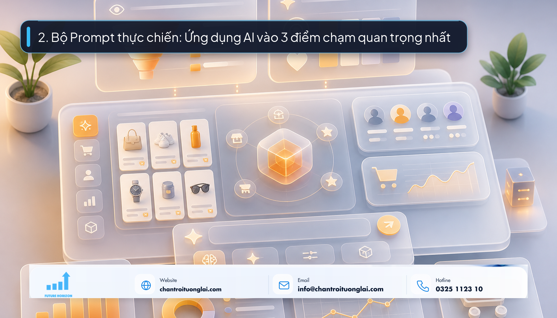 2. Bộ Prompt thực chiến: Ứng dụng AI vào 3 điểm chạm quan trọng nhất Minh họa thư viện prompt AI ứng dụng trong kinh doanh online theo phong cách Fluent 2.5D