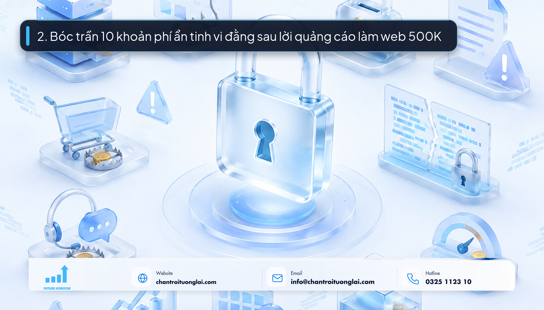 Minh họa 10 khoản chi phí ẩn đằng sau website 500k theo phong cách Fluent 2.5D