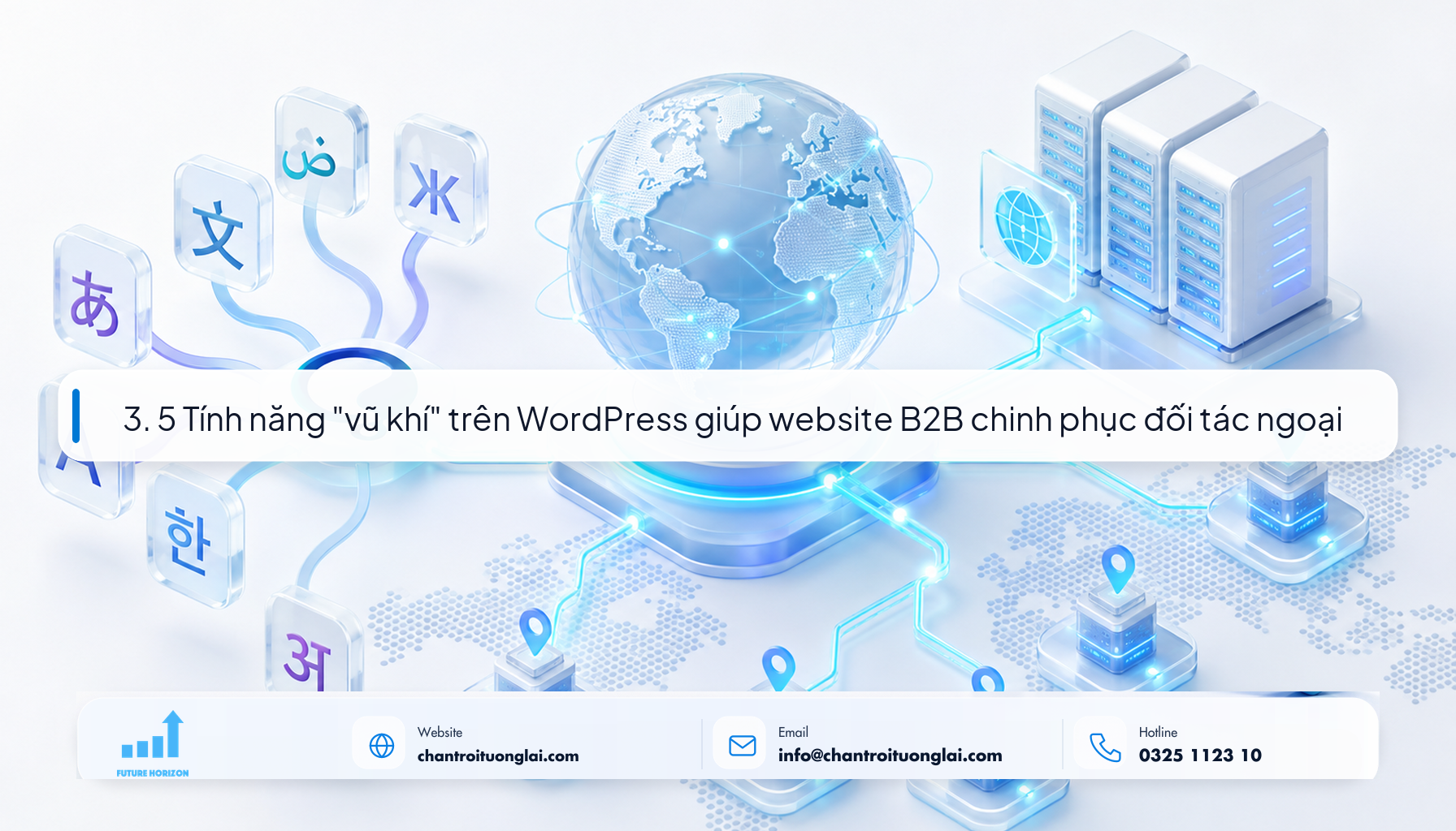 3. 5 Tính năng "vũ khí" trên WordPress giúp website B2B chinh phục đối tác ngoại Minh họa 5 tính năng vũ khí trên WordPress cho website B2B theo phong cách Fluent 2.5D