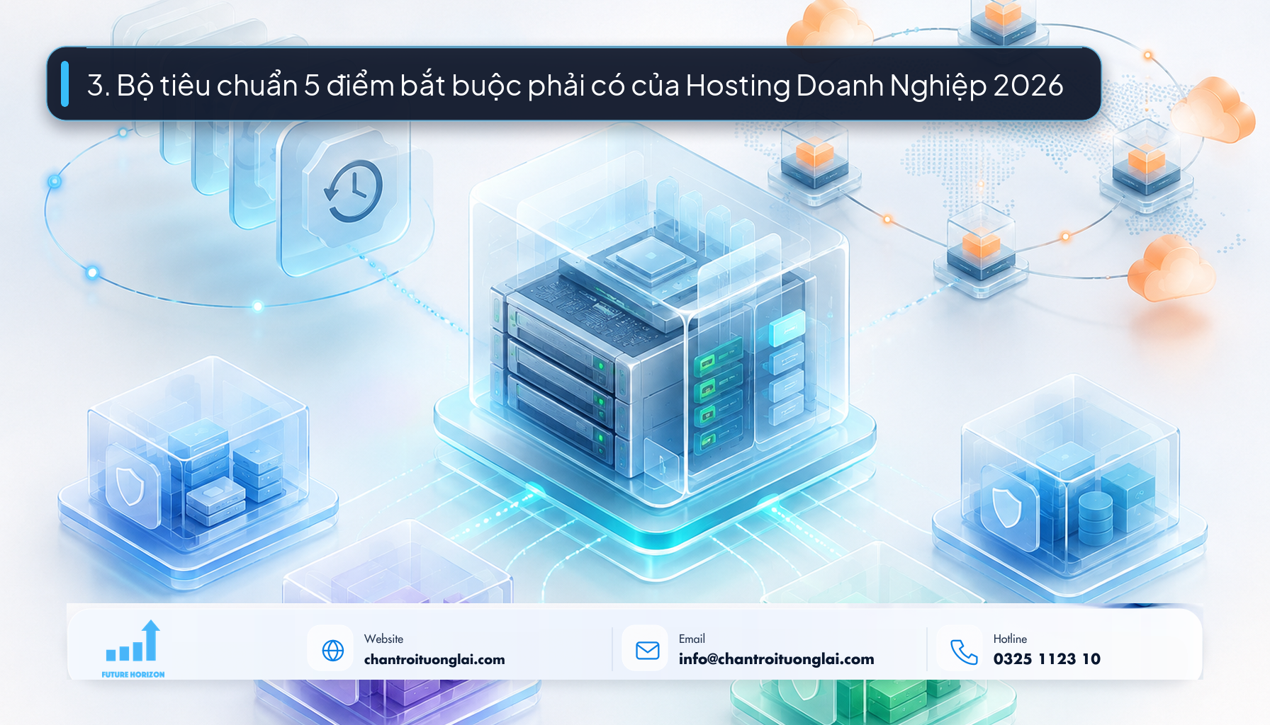 3. Bộ tiêu chuẩn 5 điểm bắt buộc phải có của Hosting Doanh Nghiệp 2026 Minh họa bộ tiêu chuẩn 5 điểm của hạ tầng Cloud Hosting doanh nghiệp theo phong cách Fluent 2.5D