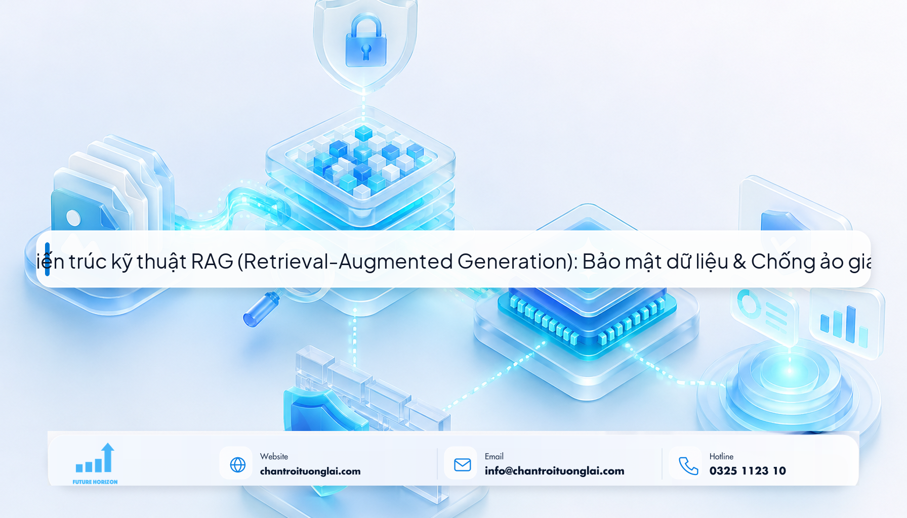 3. Kiến trúc kỹ thuật RAG (Retrieval-Augmented Generation): Bảo mật dữ liệu & Chống ảo giác AI Minh họa kiến trúc kỹ thuật RAG bảo mật dữ liệu theo phong cách Fluent 2.5D