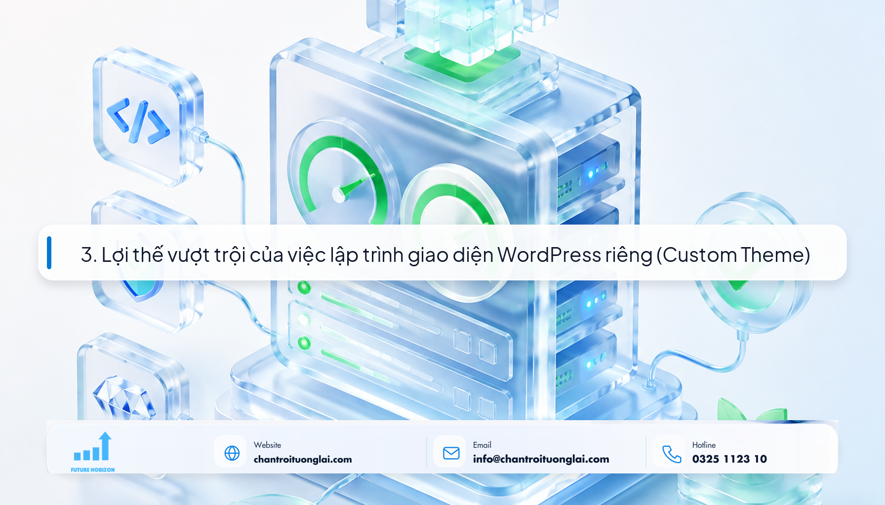 3. Lợi thế vượt trội của việc lập trình giao diện WordPress riêng (Custom Theme) Minh họa lợi thế lập trình giao diện WordPress riêng theo phong cách Fluent 2.5D