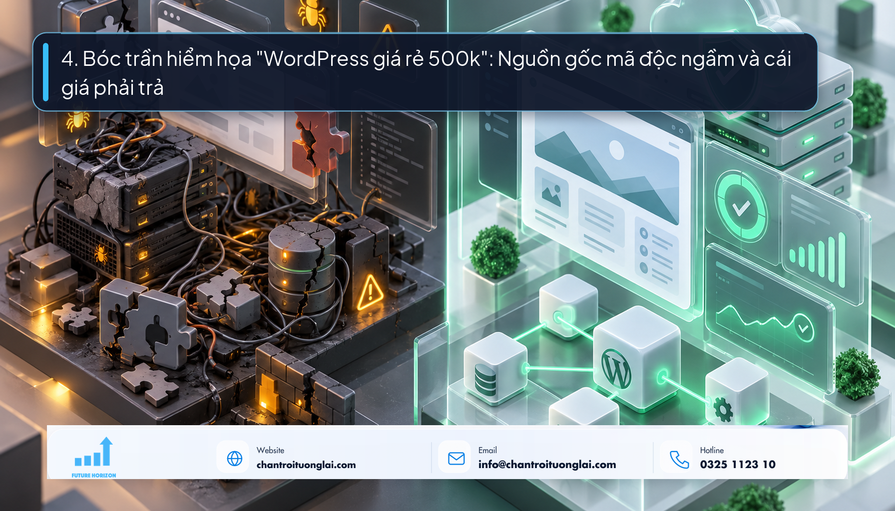 4. Bóc trần hiểm họa "WordPress giá rẻ 500k": Nguồn gốc mã độc ngầm và cái giá phải trả Minh họa rủi ro bảo mật của theme plugin nulled lậu trên nền tảng WordPress phong cách Fluent 2.5D
