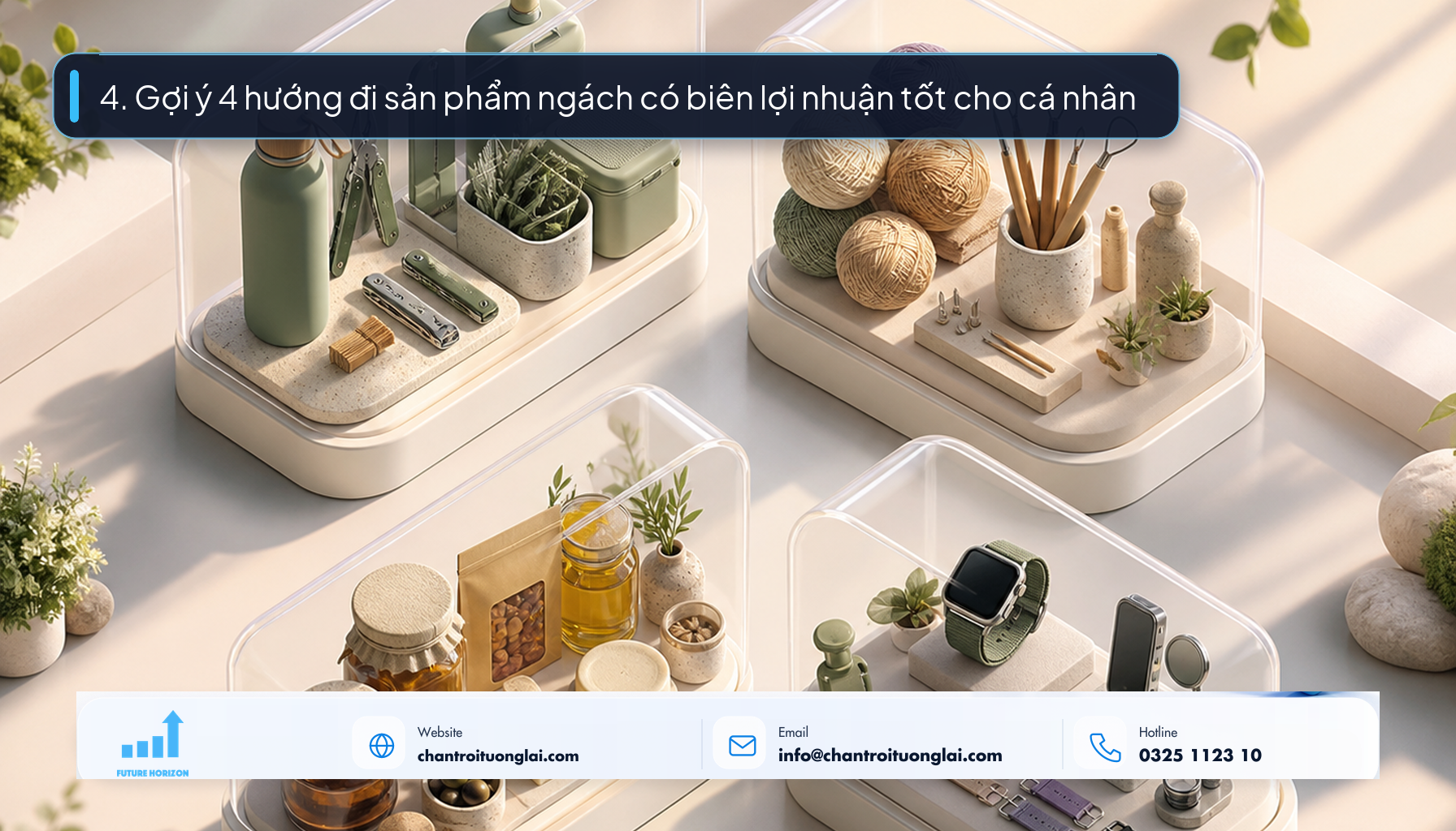 Minh họa 4 hướng đi sản phẩm ngách bền vững cho người kinh doanh online theo phong cách Fluent 2.5D
