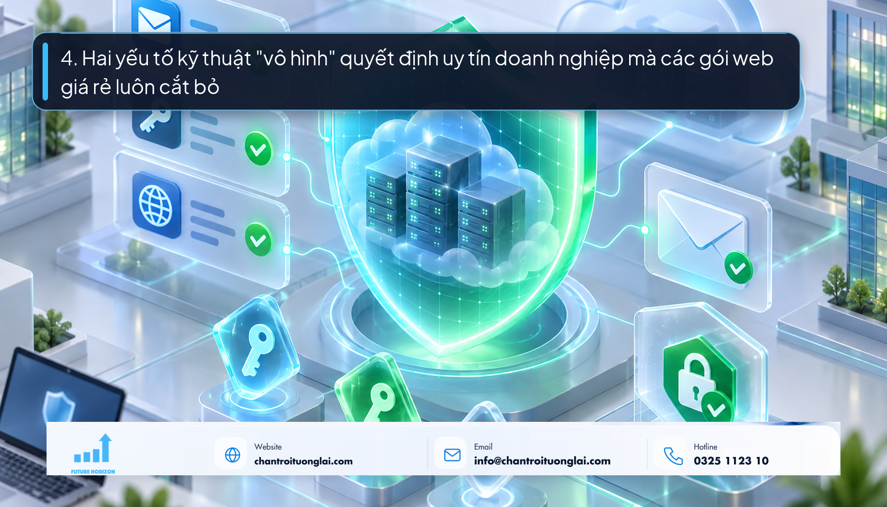 4. Hai yếu tố kỹ thuật "vô hình" quyết định uy tín doanh nghiệp mà các gói web giá rẻ luôn cắt bỏ Minh họa an ninh mạng hạ tầng và xác thực hộp thư điện tử doanh nghiệp theo phong cách Fluent 2.5D