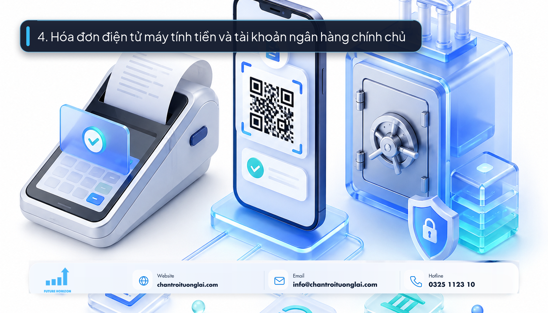 Minh họa quy trình xuất hóa đơn điện tử máy tính tiền và tài khoản ngân hàng chính chủ theo phong cách Fluent 2.5D