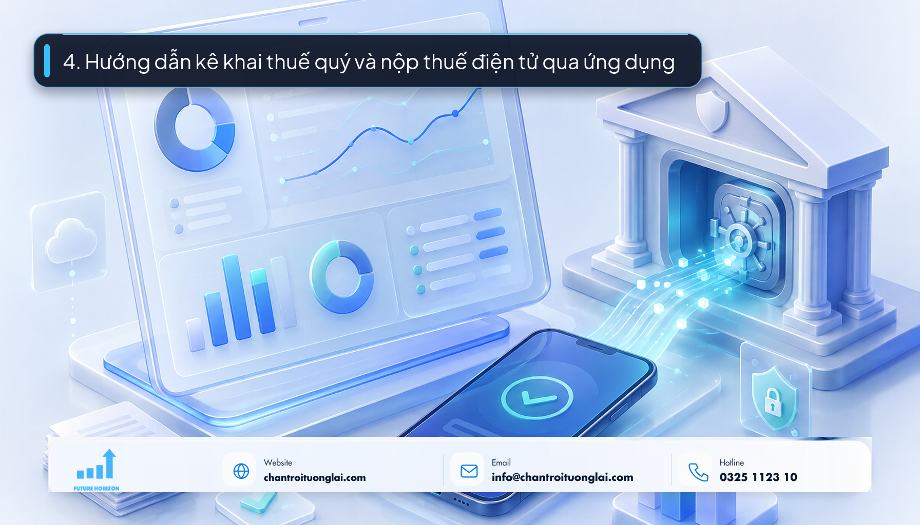 4. Hướng dẫn kê khai thuế quý và nộp thuế điện tử qua ứng dụng Minh họa quy trình kê khai tờ khai và lập giấy nộp tiền thuế trên eTax Mobile theo phong cách Fluent 2.5D