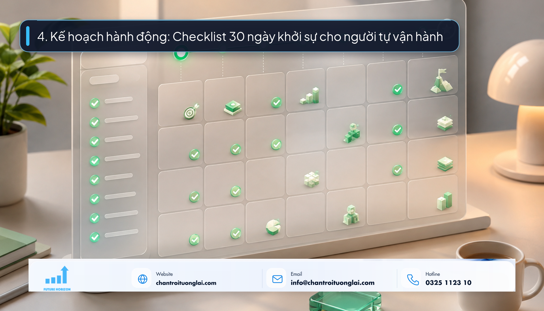 Minh họa bảng kế hoạch và checklist 30 ngày khởi sự kinh doanh online tinh gọn theo phong cách Fluent 2.5D