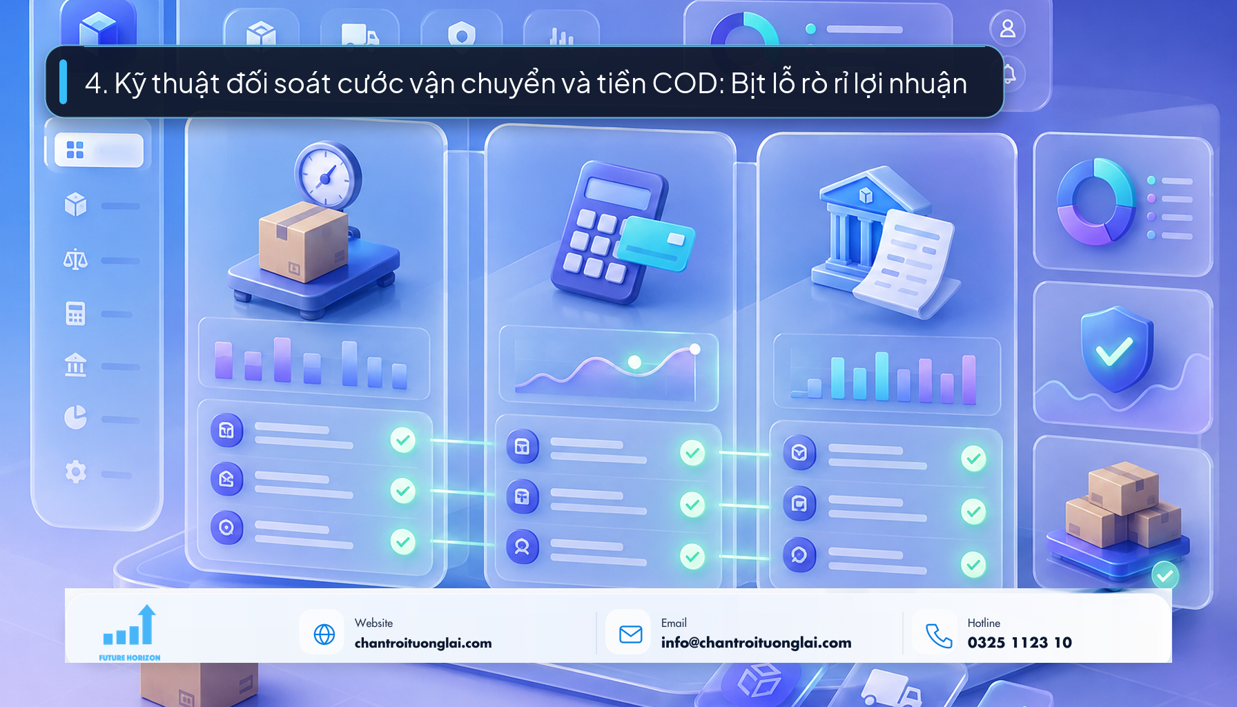 Minh họa bảng kiểm soát đối soát cước vận chuyển và dòng tiền COD 3 chiều theo phong cách Fluent 2.5D