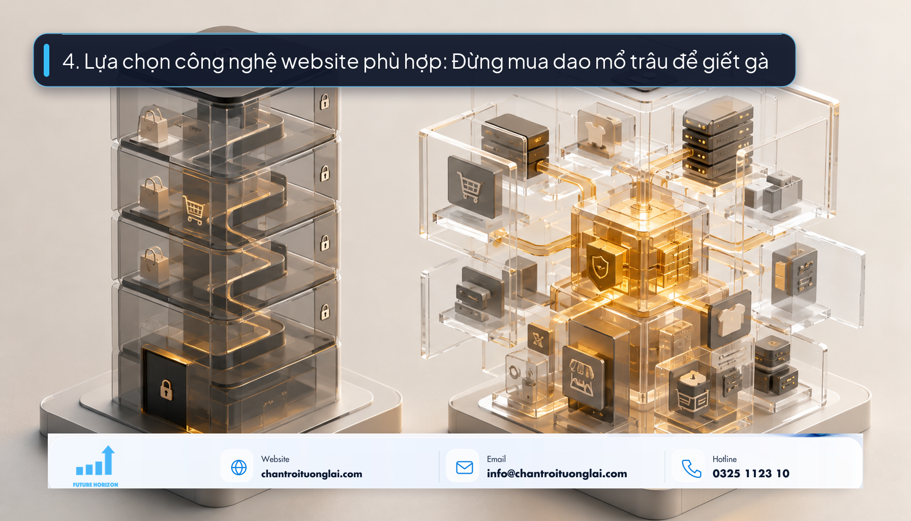 4. Lựa chọn công nghệ website phù hợp: Đừng mua dao mổ trâu để giết gà Minh họa so sánh kiến trúc công nghệ giữa nền tảng SaaS thuê bao và WooCommerce tự chủ dữ liệu theo phong cách Fluent 2.5D