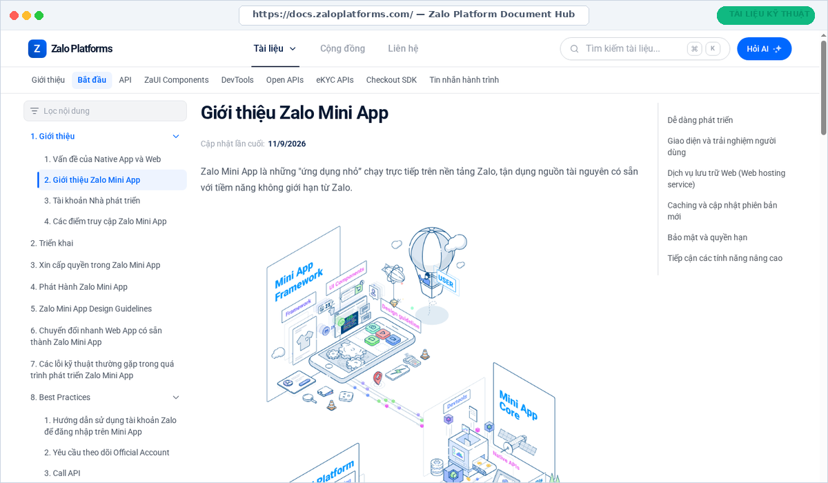 mockup zalo studio docs - Zalo Mini App Là Gì? Cẩm Nang Toàn Diện Về Kiến Trúc, Chi Phí Và Ứng Dụng Đột Phá Doanh Thu Năm 2026 2 Zalo Platform Document Hub với tài liệu ZaUI Components và SDK